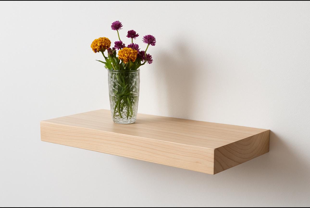 Handcrafted Solid Poplar Floating Shelf | Heavy Duty Hidden Bracket | 17” or 24” Wide | Modern Minimalist Wall Shelf